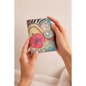 Anuschka Hand Painted Leather Wallet Floral Hibiscus Snap Bifold Multicolor